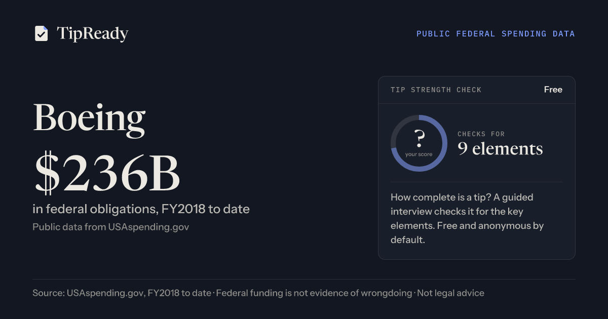 Share card: Boeing, $236B in federal obligations since FY2018 from USAspending.gov, beside a free tip strength check