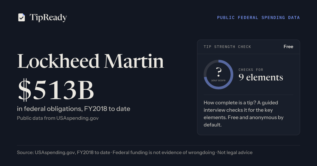 Share card: Lockheed Martin, $513B in federal obligations since FY2018 from USAspending.gov, beside a free tip strength check