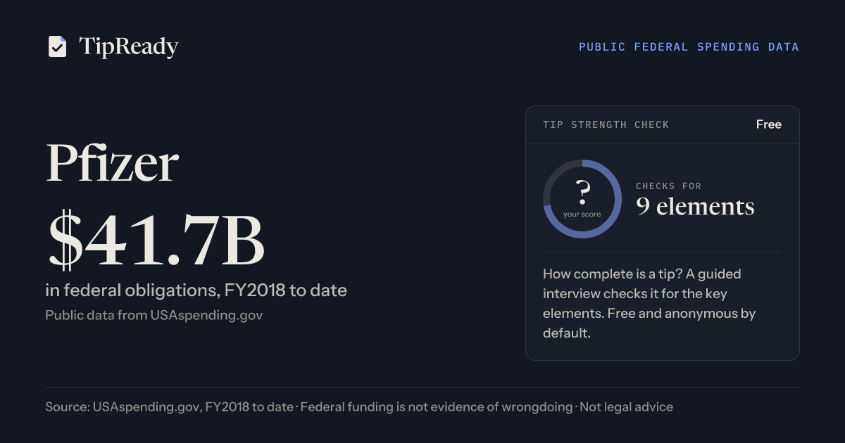 Share card: Pfizer, $41.7B in federal obligations since FY2018 from USAspending.gov, beside a free tip strength check